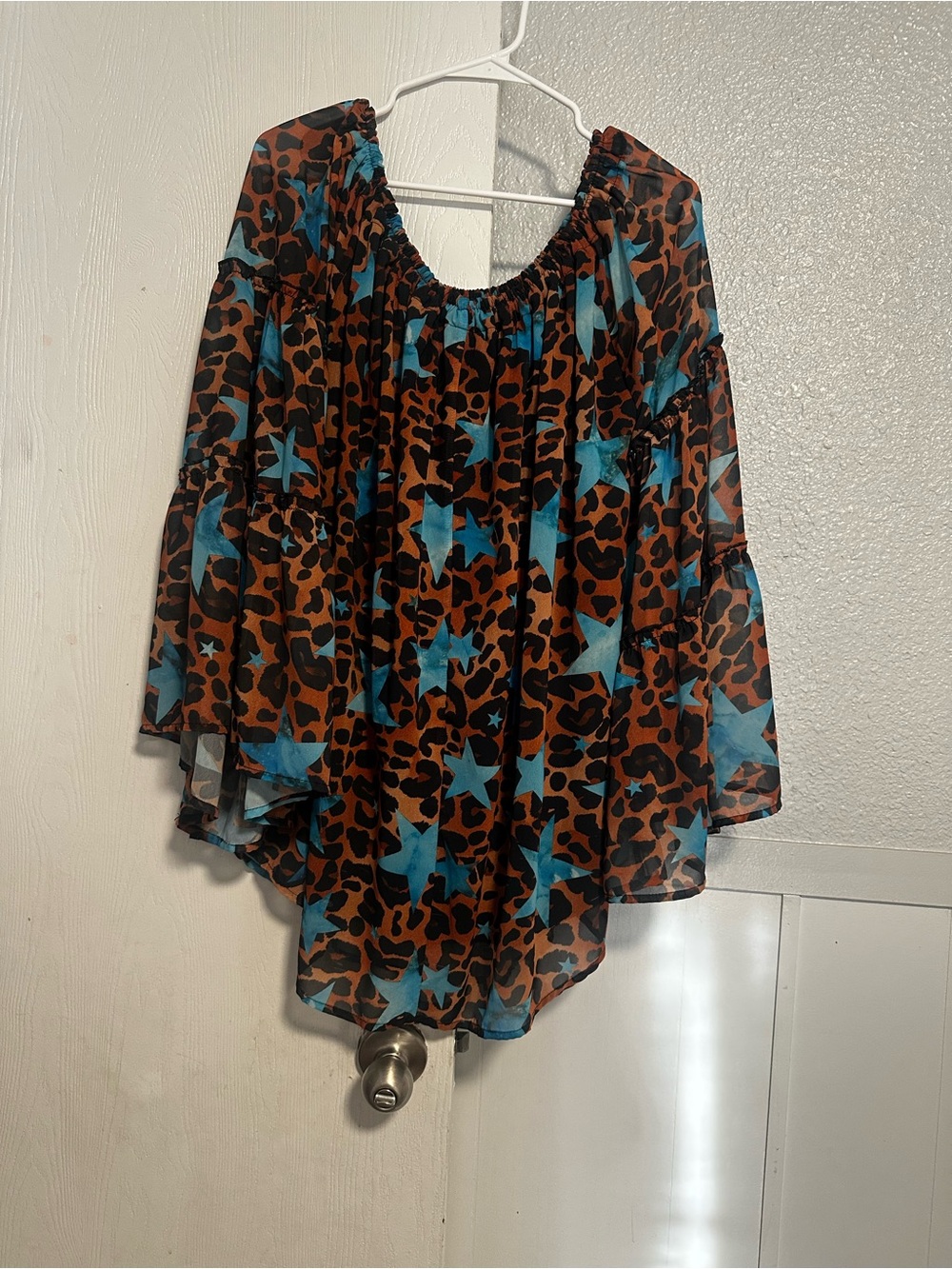 L&B Brown Leopard & Teal Star Off-Shoulder Blouse XL